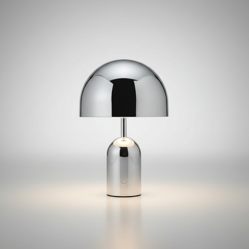 Flexible LED Akku-Tischlampe ChromeGleam in poliertem Chrom, dimmbar, perfekt für den mobilen Einsatz.