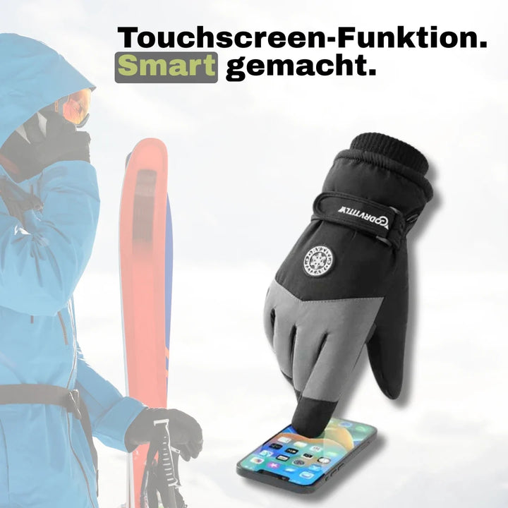 Detailaufnahme: Skihandschuhe mit verstärktem Grip für sicheren Halt bei Wintersport, Ski & Piste.