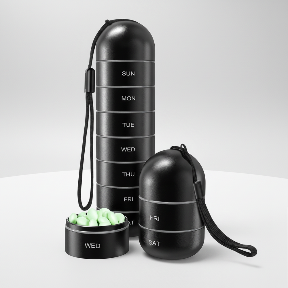 Robuste Aluminium Reiseapotheke, wetterfest für Tabletten & Pillen. Idealer Medikamenten-Organizer.