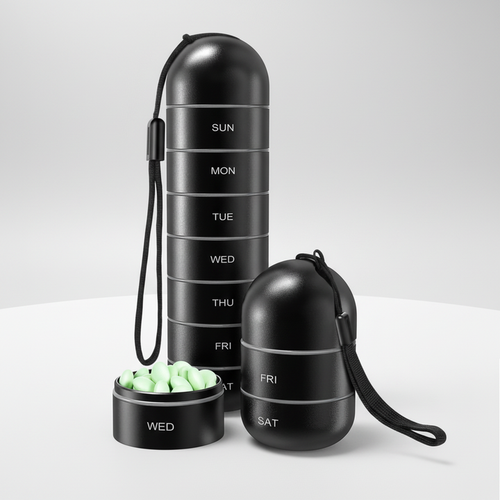 Robuste Aluminium Reiseapotheke, wetterfest für Tabletten & Pillen. Idealer Medikamenten-Organizer.