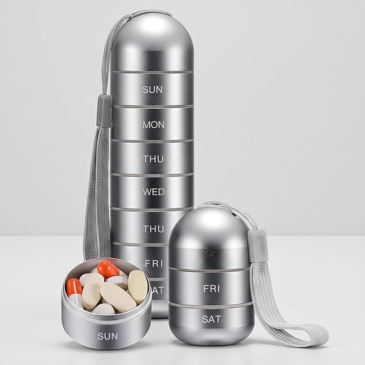 Hochwertige Aluminium Tablettenbox PillTower, sicher und tragbar. Perfekt für die Aufbewahrung.