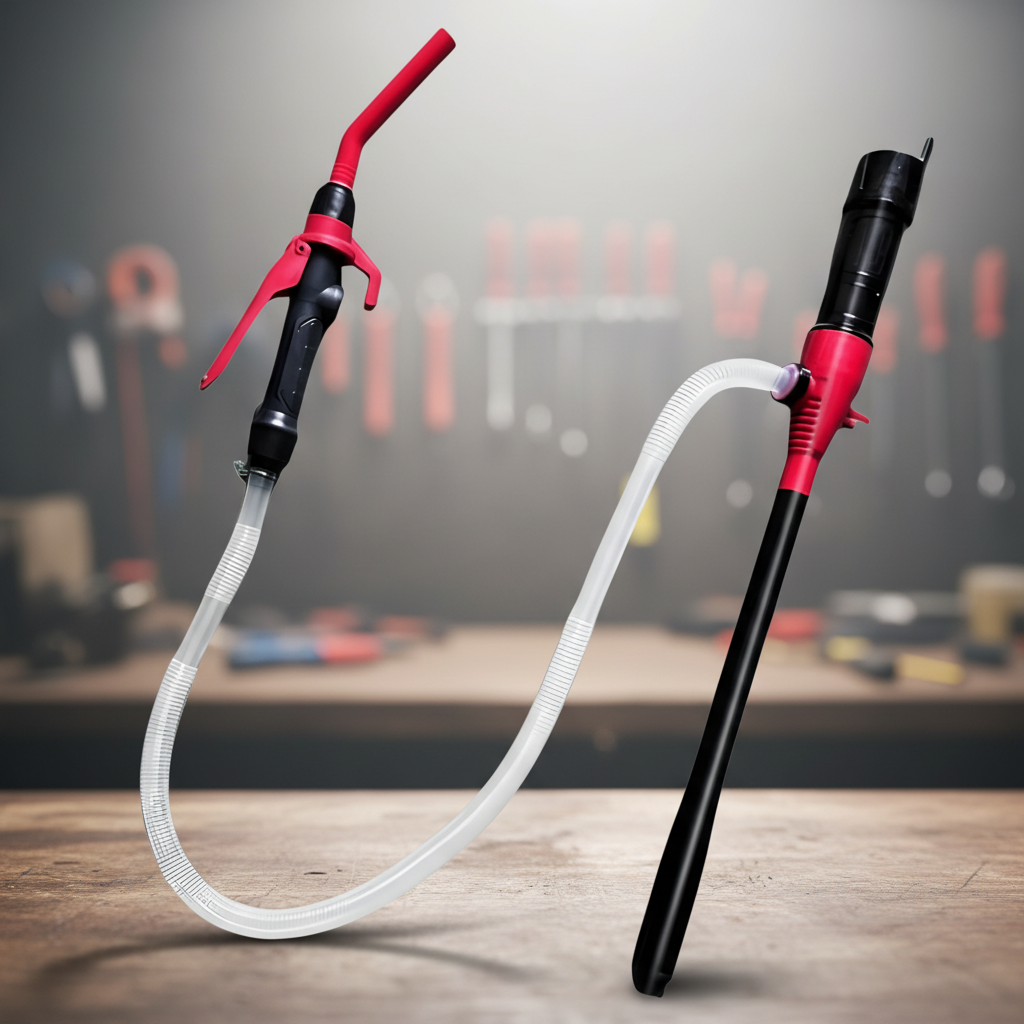 Rote tragbare FlowMate Handpumpe für Kraftstoff, Benzin und Diesel. Ideal für schnelles, sauberes Umfüllen.