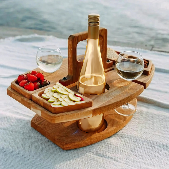 Tragbarer Picknick-Weintisch aus Holz, ideal für Outdoor, Garten & Camping, mit Flaschen- & Glashaltern.