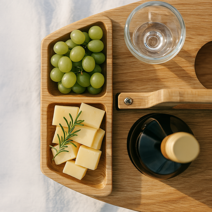 Kompakter Strand-Weintisch, tragbar & robust, mit sicheren Haltern für Wein & Snacks, für entspannte Stunden.