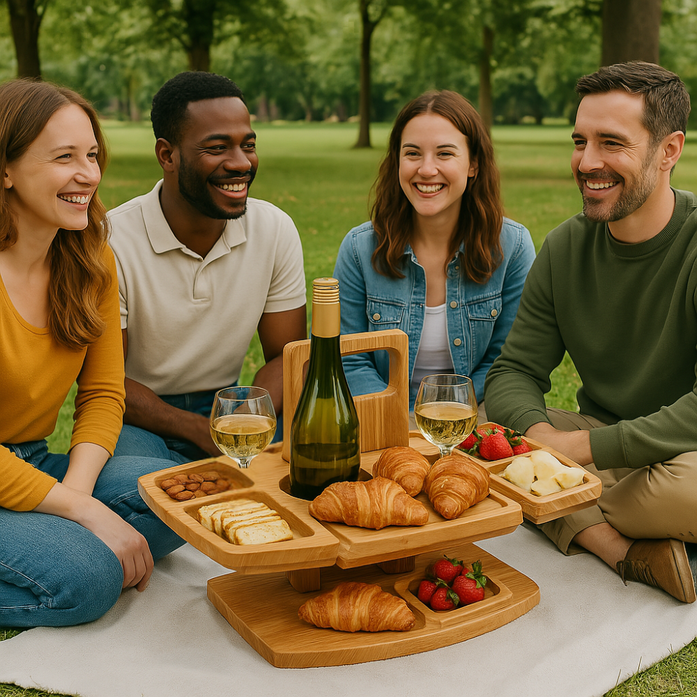 Eleganter runder Picknicktisch aus Holz, mit Halterungen für Weingläser & Flasche, ideal als Weinaccessoire.