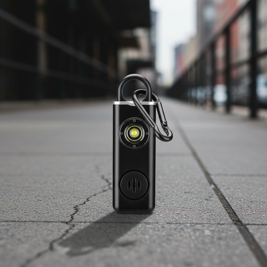 Tragbarer ShieldFlash Sicherheitsalarm Schlüsselanhänger für effektiven Personenschutz und Notfall-Selbstverteidigung.