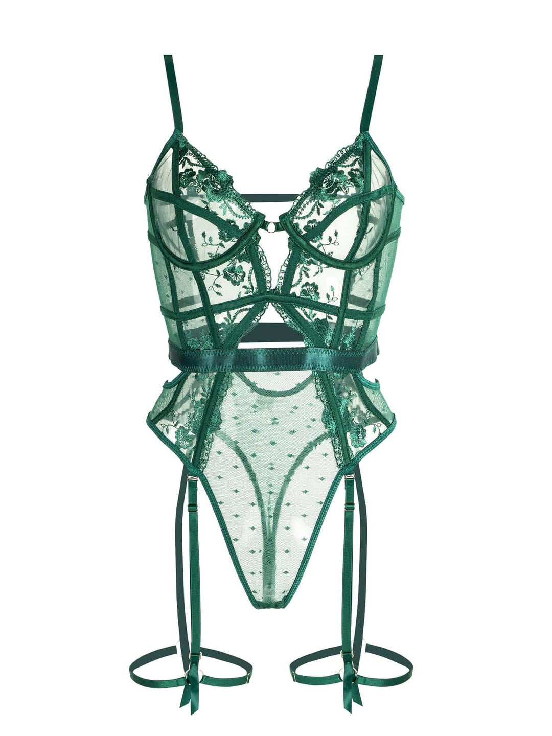Sinnlicher Alissa Spitzen Body für Frauen, smaragdgrün, transparent, mit eleganten Straps.