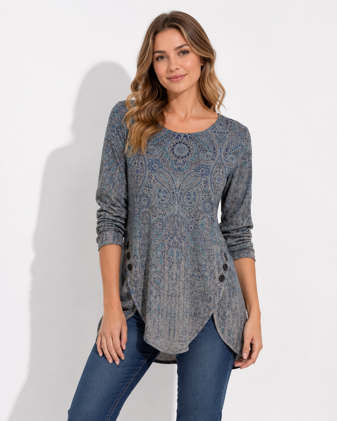 Damen Tunika Blusenoberteil mit blauem Ombre-Print, Langarm und asymmetrischem Saum, elegant für Freizeit.
