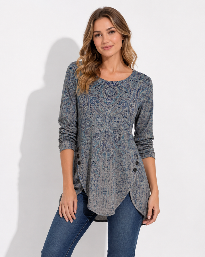 Damen Tunika Blusenoberteil mit blauem Ombre-Print, Langarm und asymmetrischem Saum, elegant für Freizeit.