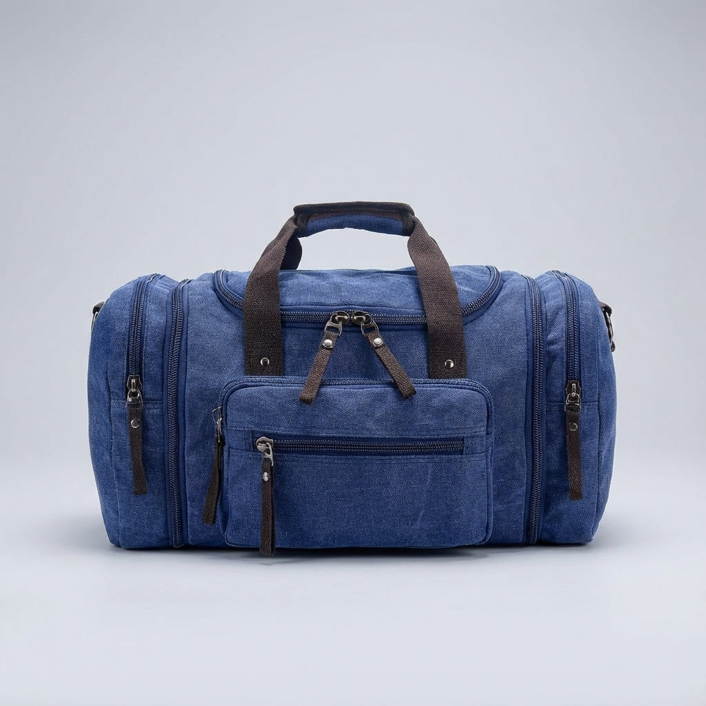 Stylische Unisex Canvas Reisetasche in Schwarz, erweiterbar für flexible Nutzung als Weekender oder Sporttasche.
