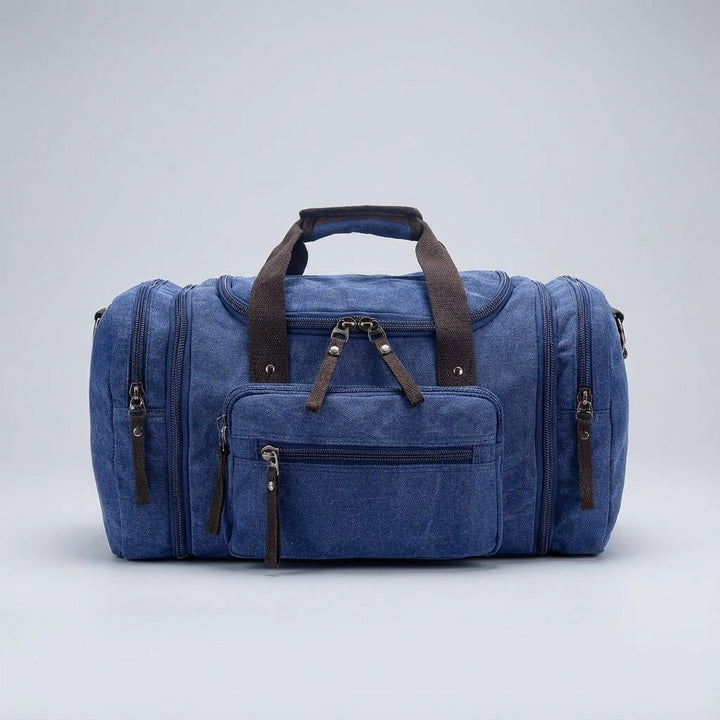 Stylische Unisex Canvas Reisetasche in Schwarz, erweiterbar für flexible Nutzung als Weekender oder Sporttasche.