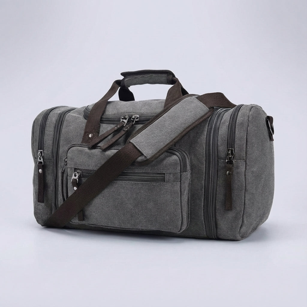 Blaue erweiterbare Unisex Canvas Wochenendtasche mit Schultergurt, ideal für Kurzreisen und Sport.