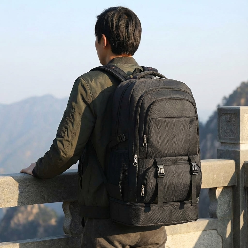 Erweiterbarer Rucksack mit großem Fassungsvermögen für Reisen und Outdoor-Aktivitäten, robust und praktisch.