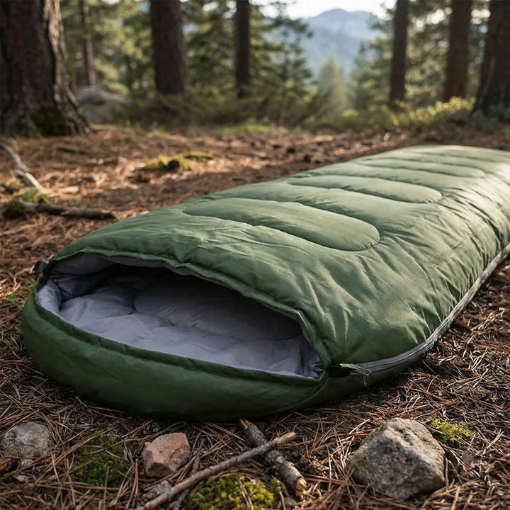 Grüner ultraleichter Outdoor-Deckenschlafsack für 4 Jahreszeiten, ideal für Camping und Wandern.