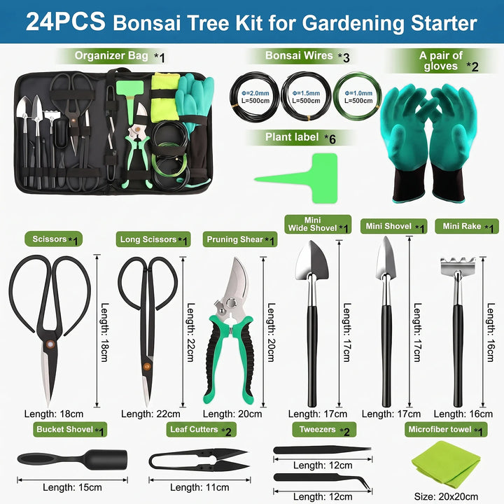Komplettes Bonsai Werkzeugset für die Gartenarbeit. Perfekt zur Gestaltung & Pflege Ihrer Miniaturbäume.