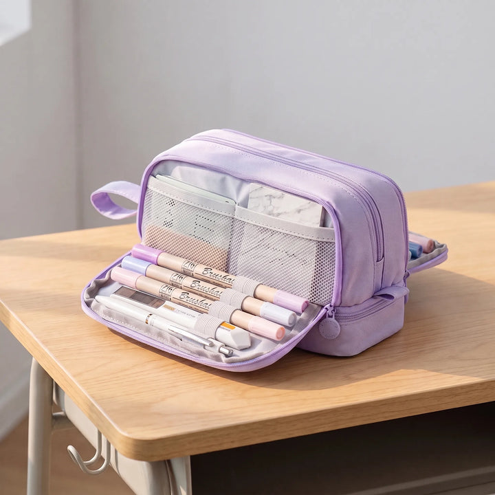 Pastellfarbenes 51-teiliges Schreibwaren-Set für Schule & Büro: Bleistifte, Textmarker, Notizblock, Radiergummi, Etui.