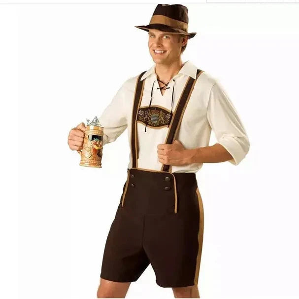 Herren Oktoberfest-Kostüm: Komplettes bayerisches Trachten-Set mit Hemd, Hosenträgern, Lederhose & Hut für Volksfest.