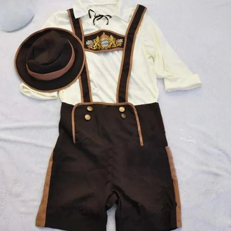 Bereit für die Gaudi: Komplettes bayerisches Herren Oktoberfest-Kostüm-Set mit Trachtenhut, Hemd & Hosenträgern.