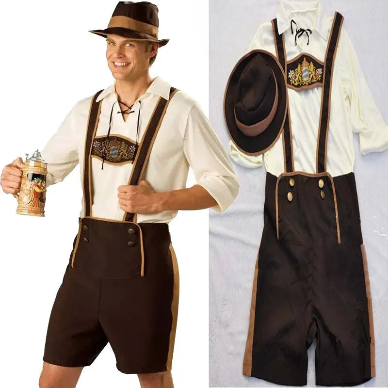 Detailansicht Herren Trachten-Set: Bestickte Lederhose, kariertes Hemd, braune Hosenträger & Filzhut für Oktoberfest.