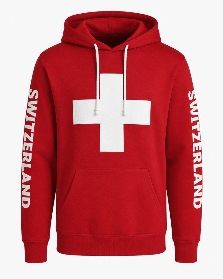 Stylischer Unisex Hoodie Schweiz Flagge als Geschenkidee. 3D Schweizerkreuz in Rot, komfortabel & langlebig.
