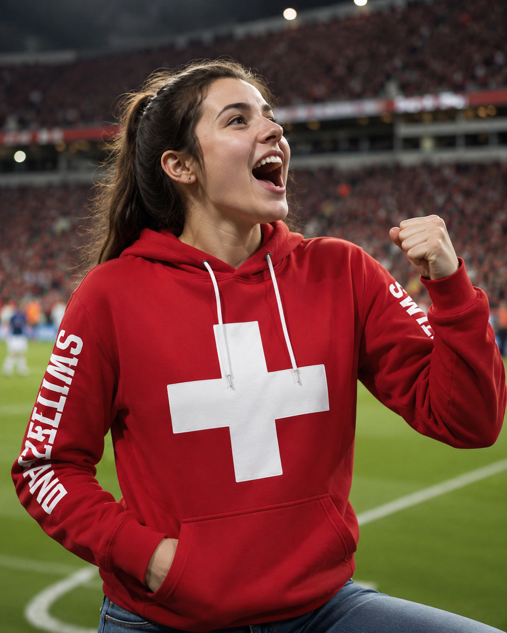 Hochwertiger Unisex 3D Kapuzenpullover in Rot mit detaillierter Schweiz Flagge und Schweizerkreuz Motiv.