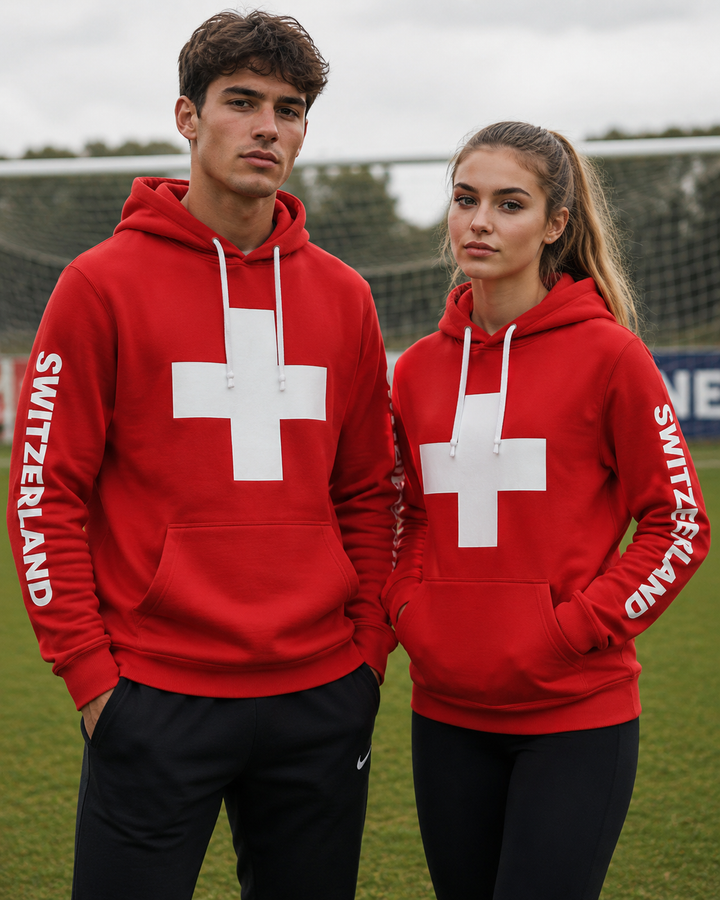 Unisex 3D Hoodie mit Schweizer Flagge, Komfort & Stil. Ideal für Freizeit & Sport. Rot mit Schweizerkreuz.