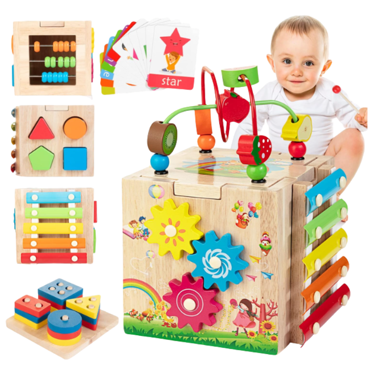 Mehrfarbiger Holz Aktivitätswürfel für Kleinkinder; Montessori Lernspielzeug fördert Feinmotorik & frühe Entwicklung.