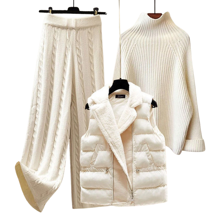 Vielseitiges Damen Winterset: Rollkragenpullover, gefütterte Jacke & Hose, perfekt kombinierbar.