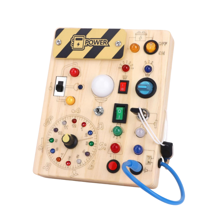 Montessori Holz Aktivitätsbrett für Kinder mit 8 LED-Kontakten. Elektronisches Lernspielzeug für Babys.