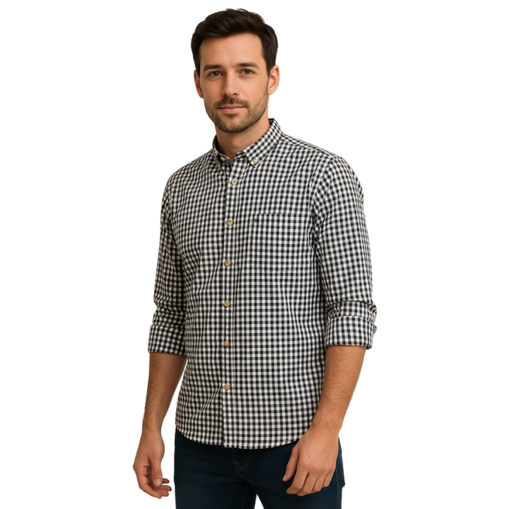 Stilvolles Herren Langarm Karohemd, ideal für einen gepflegten Look im Büro oder in der Freizeit.