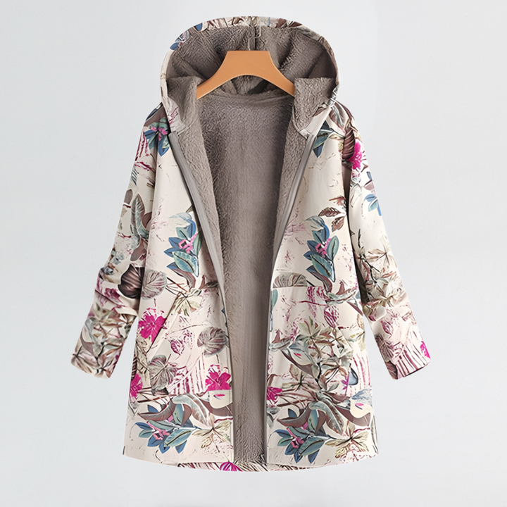 Detailaufnahme: Elegante Damen-Freizeitjacke mit lebendigem Blumenmuster, leicht und stilvoll für die Übergangszeit.