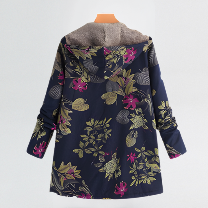 Stoff-Detail: Hochwertige, leichte Damenjacke mit floralem Vintage-Muster, perfekt als stilvolle Übergangsjacke.