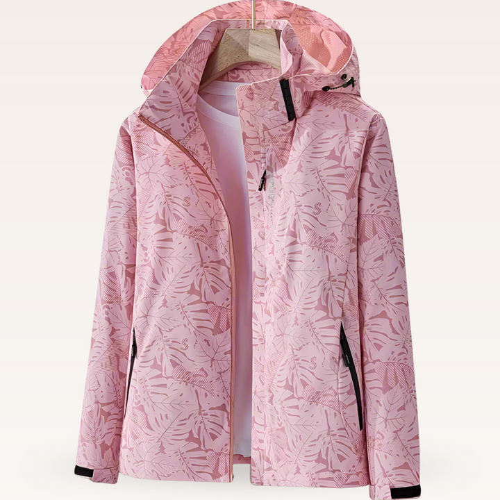 Komfortable Damen-Frühlingsjacke, wasserdicht, mit einzigartigem Blattmuster. Verstellbare Kapuze bietet Schutz.