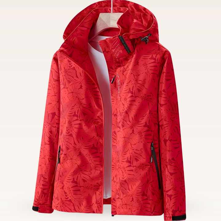 Stilvolle, leichte Damen-Sommerjacke. Wasserdichter Windbreaker mit trendigem Blattmuster & praktischer Kapuze.