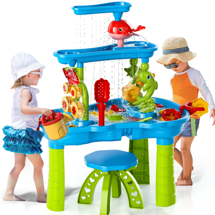 Bunter Kinder Wasserspieltisch mit Wasserfall und interaktiven Elementen für kreatives Outdoor-Spiel von Kleinkindern.