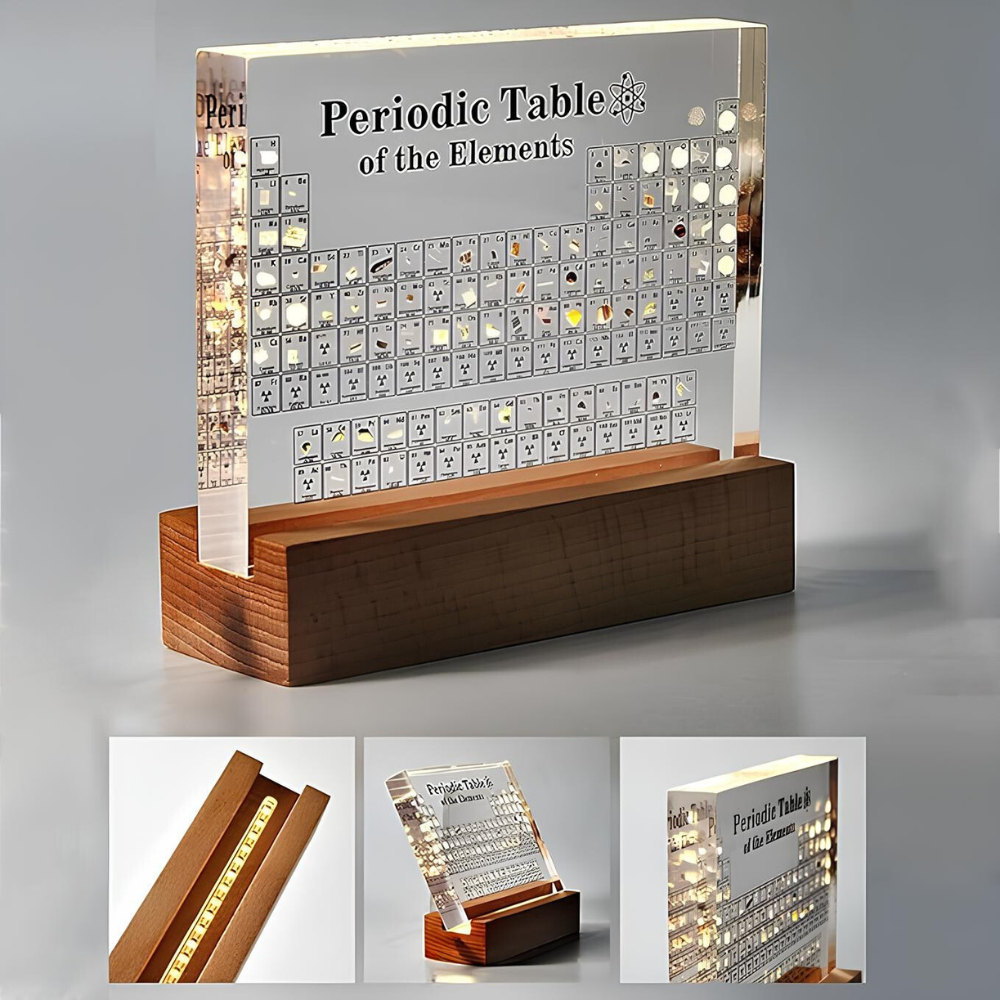 Edles Periodensystem mit integrierten echten Elementen und Beleuchtung. Perfekt für Büro & Zuhause.