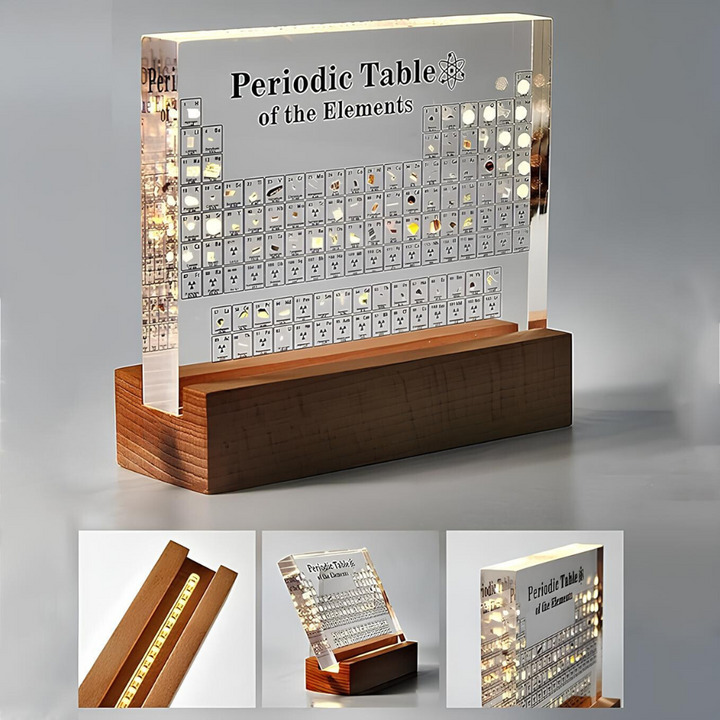 Edles Periodensystem mit integrierten echten Elementen und Beleuchtung. Perfekt für Büro & Zuhause.