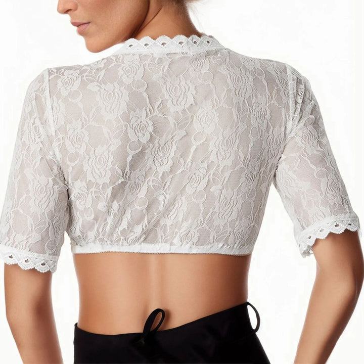 Traditionelle Damen Dirndlbluse mit feiner Spitze und V-Ausschnitt. Perfekt für Oktoberfest und Trachtenfeste.