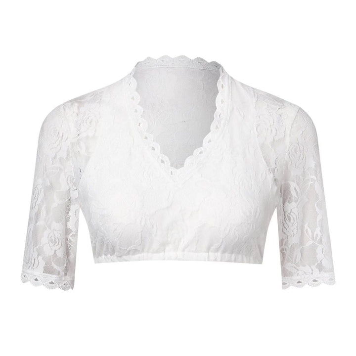 Stilvolle Damen Trachtenbluse für Oktoberfest. Weiße Dirndlbluse mit V-Ausschnitt und zarter Spitze.