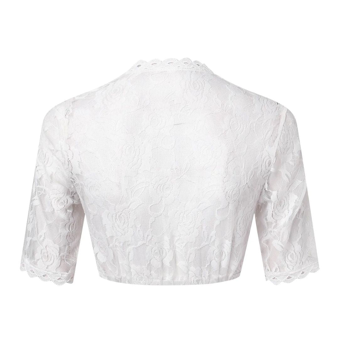 Hochwertige Damen Dirndlbluse mit edlem V-Ausschnitt und floraler Spitze. Ideale Festmode fürs Oktoberfest.