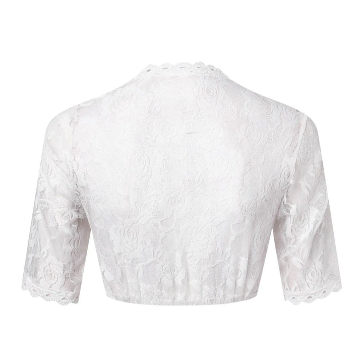 Hochwertige Damen Dirndlbluse mit edlem V-Ausschnitt und floraler Spitze. Ideale Festmode fürs Oktoberfest.