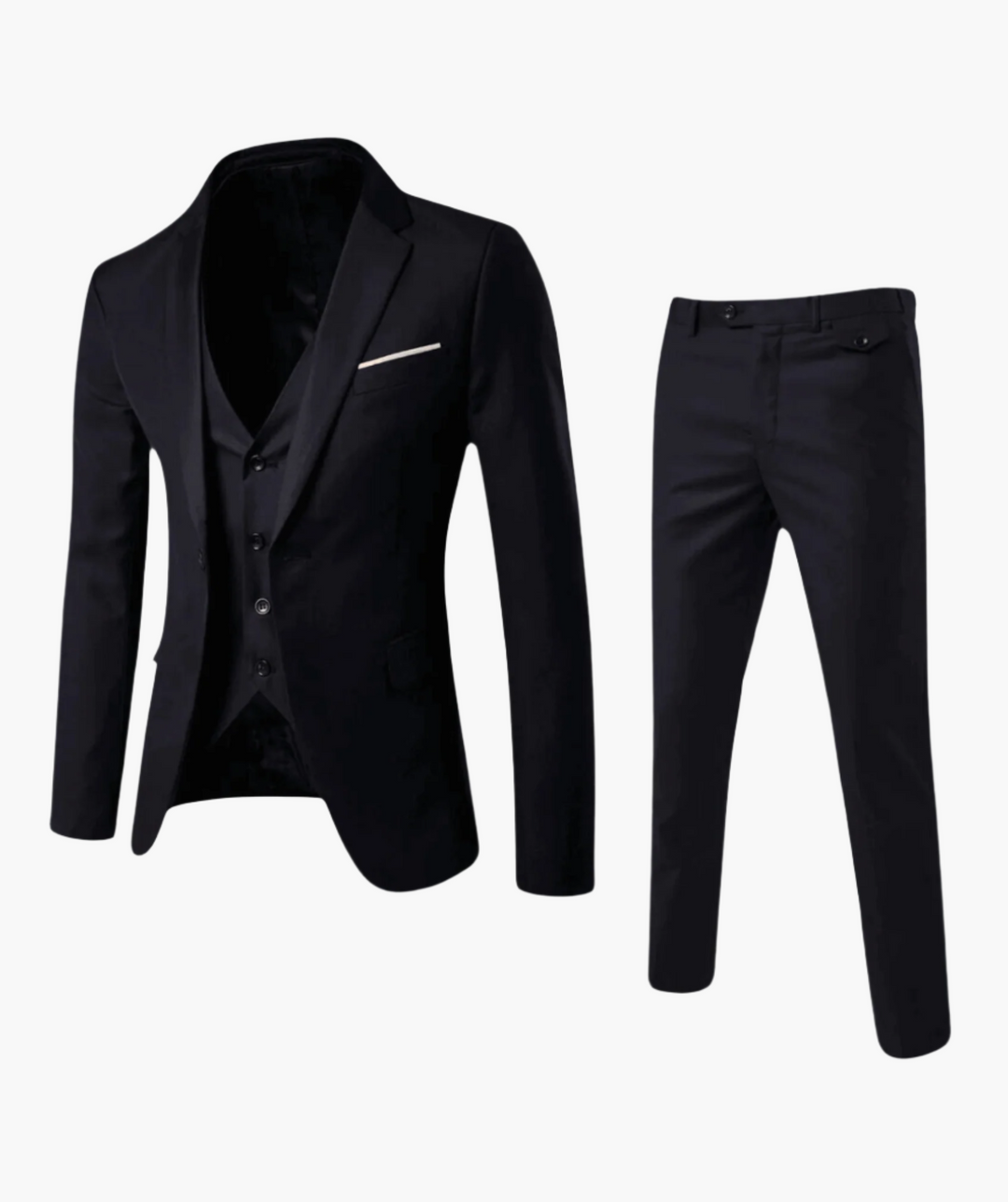 Dreiteiliger Herren Anzug: Weste mit Knöpfen, feiner Stoff. Perfekt für formelle Anlässe & Business.
