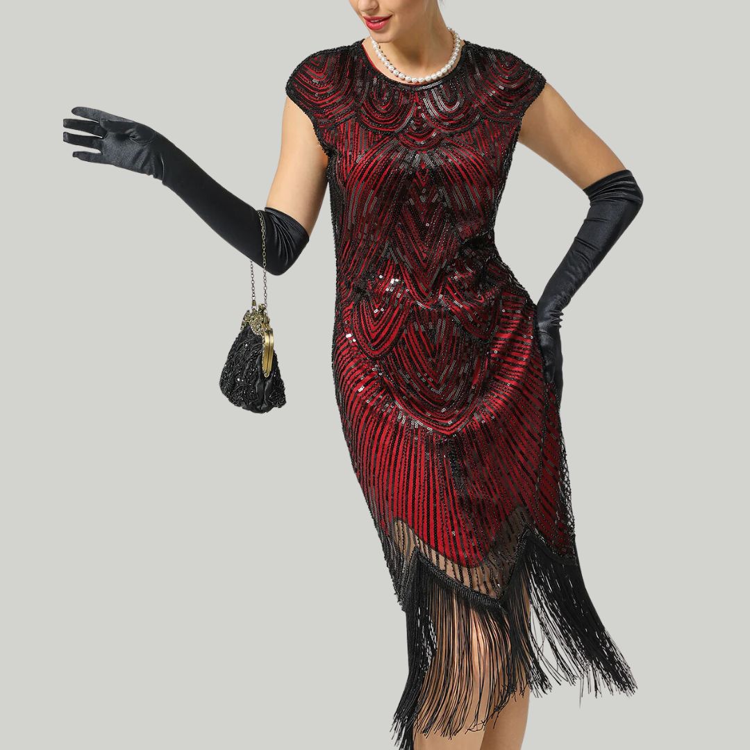Rückansicht eines eleganten Damen Glitzerkleides. Festliches Partykleid im Gatsby-Stil.