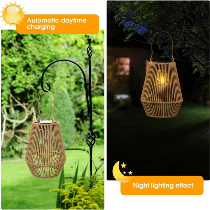 Stilvolle Solar-Gartenlaterne aus Rattan, handgefertigt & wasserfest, perfekte Dekoration für Terrasse & Balkon.