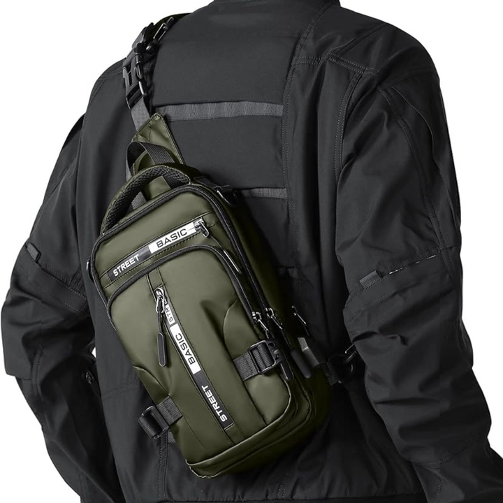 Unisex Crossbody Sling-Rucksack getragen. Moderner Tagesrucksack für Alltag, Reisen & Outdoor-Aktivitäten.