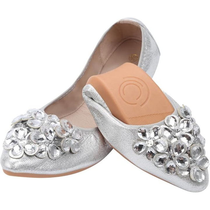 Rückansicht der eleganten Damen Glitzer Ballerinas. Modische Flats mit bequemem Fersenbereich.