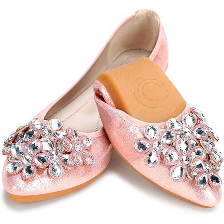 Faltbare Damen Glitzer Ballerinas. Perfekte Reiseschuhe, bequem und platzsparend.