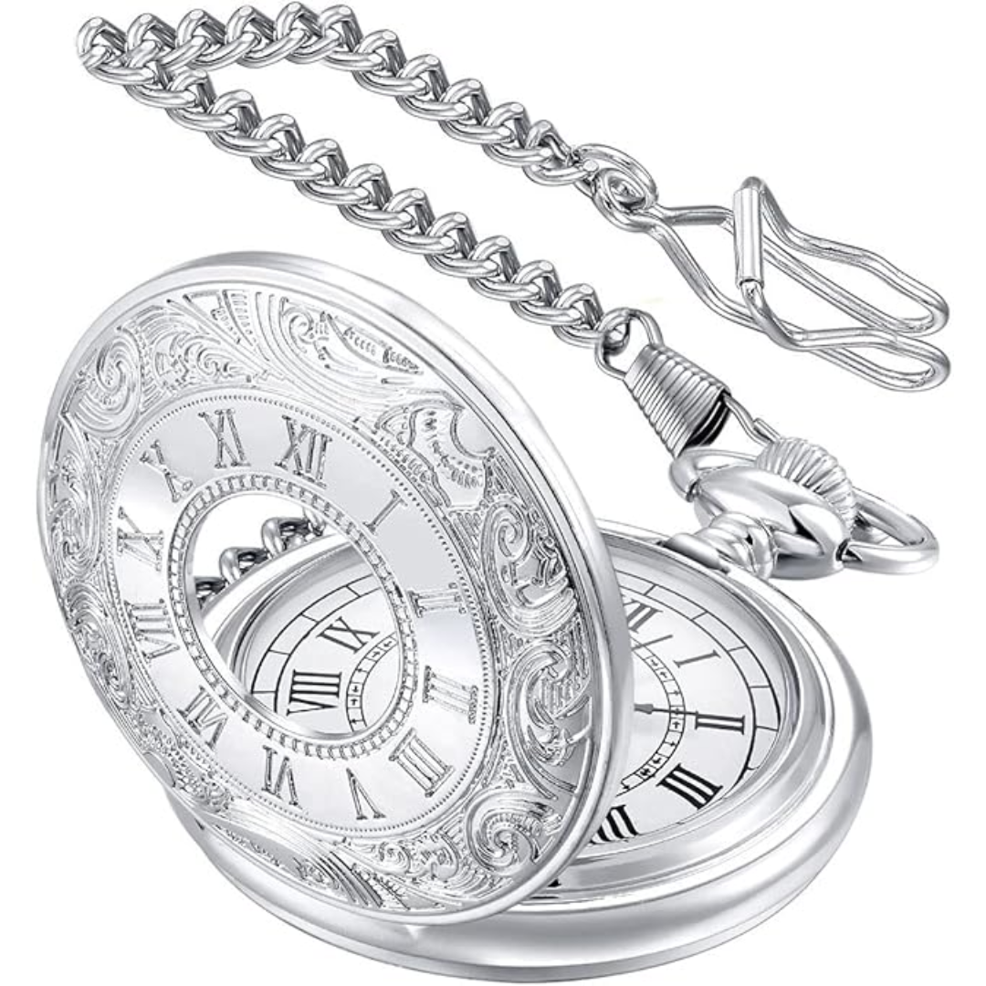 Klassische Vintage Taschenuhr, unisex, modisches Accessoire, mit passender Halskette.