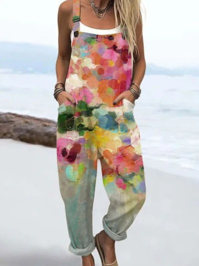 Damen Vintage Jumpsuit mit Blumenmuster, leichter Sommer Overall, locker geschnitten, ideal für Freizeit & elegantes Sommeroutfit.