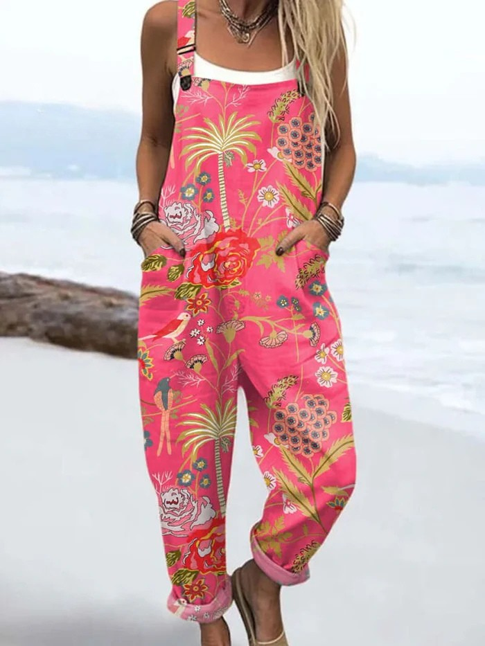 Damen Vintage Jumpsuit mit rosa Streifen, leichter Sommer Overall, bequem & stilvoll für Freizeit. Frühlingsmode.
